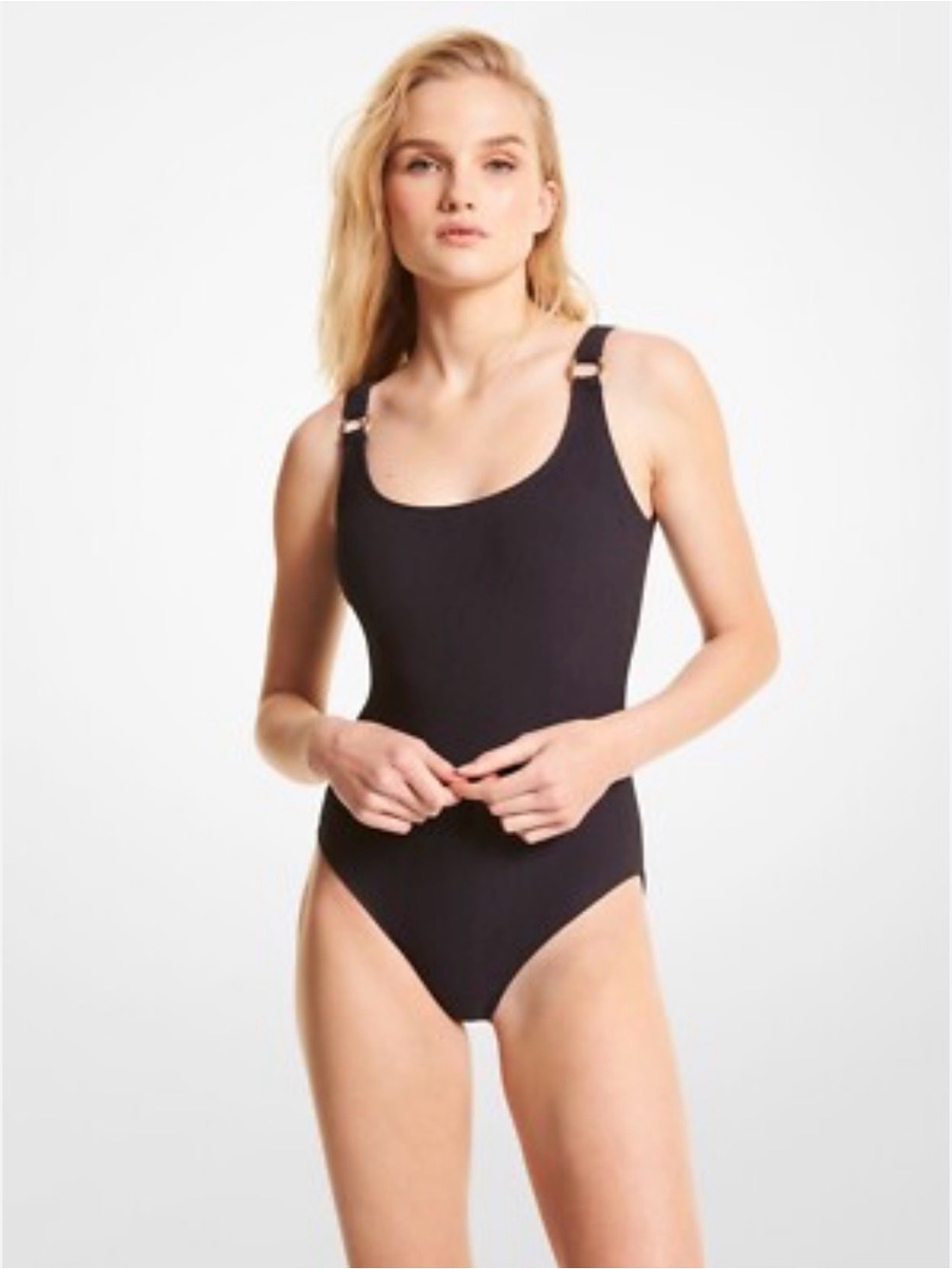 Michael Kors Black Scoop One-Piece Swimsuit with Ring Straps- 14
